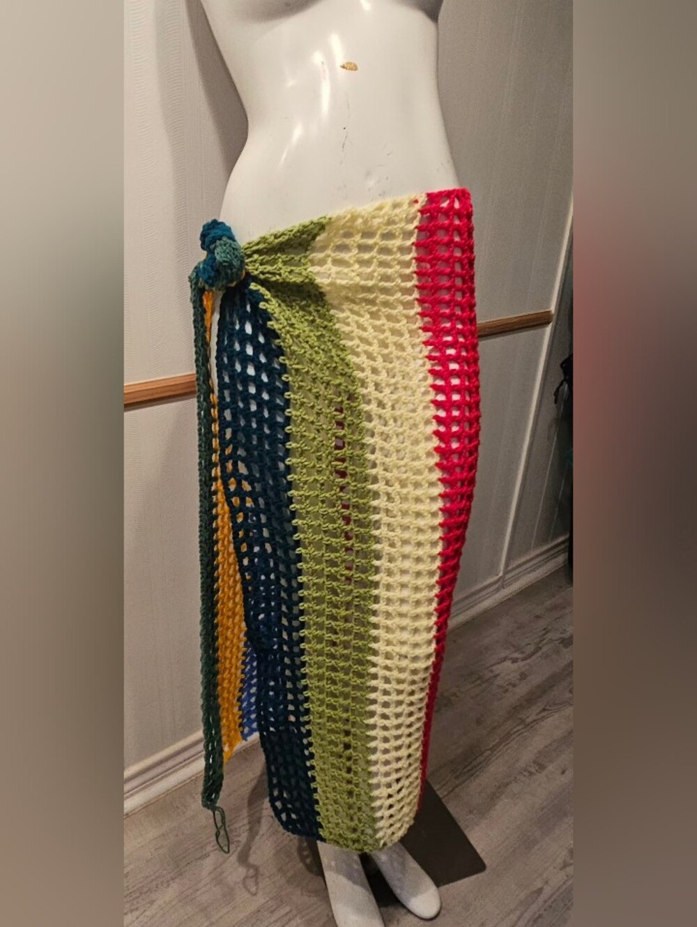 NEW Handmade Crochet Multicolor Sarong Pareo Swimsuit Cover-up Maxi Skirt OSFM